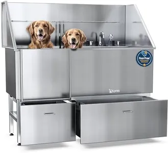 KANIS Professional Stainless Steel Dog Bathing Station - Dog Grooming Tub w/Ramp, 2 Storage Drawers, Floor Grate & Faucet/Dog Bathtub for Large, Medium & Small Pets (61", Left RAMP - 2 Drawers)