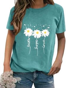 Women Crewneck Daisy Print Short Sleeve T-Shirts Summer Faith-Hope-Love Raglan Sleeve Tees Loose Fit Graphic Tops 2024, 1 Lake Blue