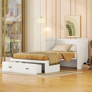 HomSof Full Size Murphy Cabinet Bed with USB Port and a Large Drawer, White