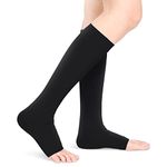 Open Toe Compression Socks for Men Women, Compression Stockings for Flight Pregnancy Travel Work Varicose Veins, 20-30 mmHg Graduated Support Knee High Calf Compression Sleeves(M-Black)