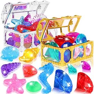 YUJUN 30 Pieces Colorful Diving Gem Pool Toys Big Diamond Ocean Animals Gem with Treasure Pirate Chest Box Summer Underwater Acrylic Gemstones Set for Kids Swimming Pool Party Favors