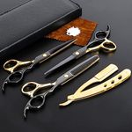 Professional Black Gold Hairdressing Scissors Stainless Steel Barber Hair Cutting Scissors Sets Salon Multifunctional Straight Shears Teeth Scissors Thinning Shears Tools for Men Women Home Use