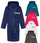 Personalised Boys & Girls Hooded Bathrobe 100% Cotton Childrens Towelling Bath Robe Kids Dresing Gown 2-14 Years (Navy 4-6 Years)