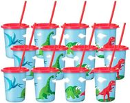 Dinosaur Cups for Kids with Straw and Lid - Perfect Boy or Girl Dinosaur Birthday Decorations - Set of 12 Plastic Kids Party Cups - Leak Proof & Spill Proof Fun Dino Cups