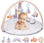 Bellababy Baby Activity Gym & Play Mat with Wooden Bar, Tummy Time Mat with 5 High Contrast Toys & Self-Discovery Mirror & Tummy Time Pillow for Sensory and Motor Skill Development