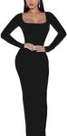 Doweha Women's Square Neck Long Sleeve Maxi Dress Sexy Knit Bodycon Long Dress for Women, A-Black-Long Sleeve, Medium