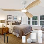 60 Inch Ceiling Fan with Lights, Solid Wood Blades Smart Ceiling Fan with Remote and App Controls, ETL Quiet DC Motor 6 Speed, Timing, High CFM, Dimmable LED Light for Home Office, White+ Natural Wood