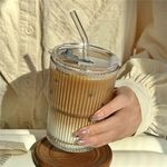 Kamvy Glass Water Tumbler with Straw and Lid Sealed Carry On Thick Wall Iced Coffee Cup Glass Cup for Water, Iced Tea Fruit Juice Set of 1, 400ml (Clear)