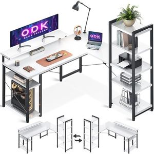 ODK Bureau avec Étagère, Bureau en L avec Support de Moniteur Long, Blanc 140×137 cm