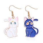 Anime Luna Cat Earrings Cute White Cat Earrings Black Cat Dangle Earrings for Women Cartoon Jewelry, Zinc, No Gemstone