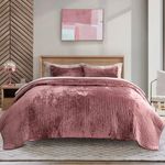 EVERGRACE Velvet Quilt Set Queen Size, Luxurious Soft Striped Channel Bedding Set, Lightweight Velvet Comforter for All Season, Oversized Bedspread Coverlet with 2 Matching Shams, Pastel Maroon