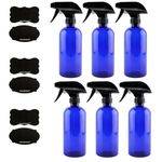 16oz Cobalt Blue PLASTIC Spray Bottles w/Heavy Duty Mist & Stream Sprayers and Chalkboard Labels (6-pack); PET #1 BPA-free, Use for Aromatherapy, DIY Cleaning, Kitchen, Hair Etc