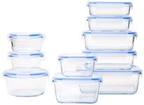 Amazon Basics Glass Locking Food Storage Containers 20 Piece Set (10 Containers + 10 Lids), BPA-free plastic lids lock, Transparent, Blue