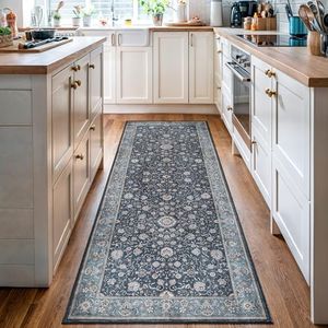 Luria Rugs Easy Care 2'6" x 10' Non-Slip 10 Foot Long Runner Rug for Entryway, Hallway, Bedroom, Bathroom, Kitchen Vintage Floral - Stain Resistant & Durable, Moreno Collection - Dark Blue/Aqua