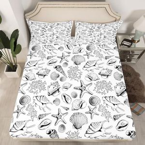 Marine Life Kids Fitted Sheet Queen Size,Starfish Conch Seaweed Vintage Bedding Set,Girls Boys Adults Room Decor,Ocean Animals Sketch Bed Cover,Black White Chic Bed Sheet,2 Pillowcases