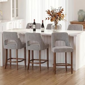 UVV Bar Stools Set of 6, Upholstered Counter Height Bar Stools, Modern Counter Stools with Wood Legs for Kitchen Island Dining Room Bar, Light Grey