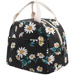 EurCross Black Lunch Bag Floral Daisy Women Tote Box Reusable Canvas Cooler Container Lunch Holder Portable Meal Prep Water-resistant for Kids Girls for School Trip Picnic Travel