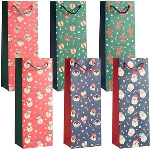 THE TWIDDLERS - 6 Bolsas Navideñas para Vino con Asas de Cuerda Resistentes en Distintos Diseños Navideños Festivos, Bolsas para Botellas de Regalo, 1 de Cada Diseño, Bolsa Navideña - 35cm x 13cm