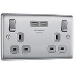 BG Electrical nbs22u3g Double Switched Fast Charging Power Socket with Two USB Charging Ports, 13 A, Brushed Steel with Grey Inserts