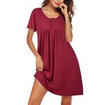 Cropgain Womens Soft Cotton Nightdress Short Sleeve U-Neck Nighties Front Button Opening Casual Nightgown Comfy Loose Classic Summer Loungewear Sleepwear Burgundy L