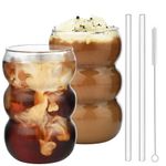 VITEVER 2 Pack 550ML Iced Coffee Glasses, Bubble Drinking Glasses Tumblers - Glass Cups Mini Cute Ripple Shaped Vintage Ribbed Glassware - Cocktail, Water, Soda, Juice, Milk