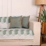 STITCHNEST Quilted Velvet Sofa Cover with Tassels – 70x52 Inch, Green & White Wave Design, Soft & Elegant, Washable Sofa Protector for 3-Seater