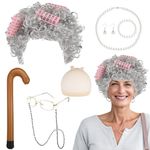 Partideal 15 Pcs Old Lady Costume Set, Grey Grandma Wig Cap Granny Pearl Necklace Earrings Bracelet Cane Hair Rollers Glasses with Chain Dress Kit for Halloween World Book Day Masquerade Carnival