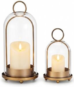 Brass Candle Holder Set of 2, Hurricane Glass Candle Holders with Flameless Candles, Glass Dome Candle Holder for Wedding, Holiday, Fireplace and Table Decor