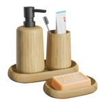 Asashizen Retro Bamboo Bathroom Accessory Sets 4PCS-Soap Dish,Soap Dispenser,Tray,Mouthwash cup for Home Office Hotel Bathroom Accessories Set