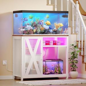 YITAHOME Fish Tank Stand with Power Outlets & LED Light, 40-50 Gallon Metal Aquarium Stand with Cabinet for Fish Tank Accessories Storage for Turtle Tank, Reptile Terrarium, 660LBS Capacity, White