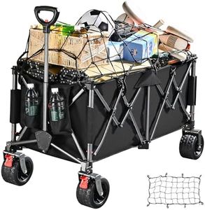 300L Festival Trolley on Wheels, Beach Camping Trolley Heavy Duty, Large Folding Wagon Loads Up to 550LBS, Portable Foldable for Outdoor Garden Shopping Fishing Cart, Ultra Wide Wheels, Pure Black