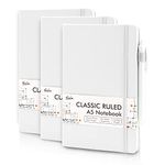 feela A5 Notebooks Multipack, 3 Pack Ruled Lined Notepads A5 (120 GSM), Hardback Journal Notebook with 3 Black Gel Pens for Work, Study, Journaling, Note Taking, 128 Pages/Pack, 21 x 13 cm, White