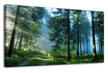 Green Forest Wall Art Landscape Morning Canvas Pictures Large Modern Green Trees Canvas Artwork for Living Room Bedroom Office Home Wall Decor Contemporary Wall Art Framed Ready to Hang 50cm x 100cm