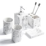 5-Piece Bathroom Counter Top Accessory Set - Dispenser for Liquid Soap or Lotion, Soap Dish, Toothbrush Holder and 2 Tumblers, Marble Imitated Resin (Ink White)