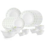 CELLO Tropical Lagoon Dazzle Series Opalware Dinner Set of 27 Pieces For Family of 6 | Bone-Ash Free & Leadfree Opal Glass, Microwave & Dishwasher Safe Plates & Bowls Crockery Set For Dining & Gifting