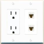 RiteAV - 15 Amp Power Outlet 2 Port Cat6 Ethernet White Decorative Wall Plate