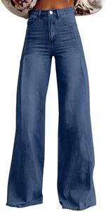 Flare Jeans for Women Vintage Wide Leg Boyfriend Baggy Stretchy High Waisted Trendy Denim Pants with Pockets Blues Large