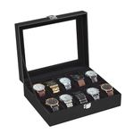 SONGMICS Watch Box with 10 Slots, Watch Case with Glass Lid, Watch Display Box with Removable Watch Pillows, Metal Clasp, Gift Idea, Black Synthetic Leather, Black Lining JWB010B02