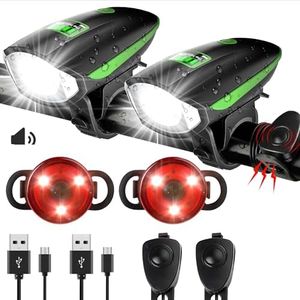 Bike Lights Set with Horn 1400LM USB Rechargeable Bicycle Headlight & Tail Light & Horn Waterproof 3 Lighting Modes Fits Bicycles for Road and Mountain (Tea Green)