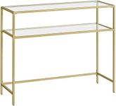 Vasagle Console Table, Tempered Glass Table, Modern Sofa or Entryway Table, Metal Frame, 2 Shelves, Adjustable Feet, for Living Room, Hallway, Gold Colour