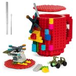 Fubarbar Brick Coffee Mug – Cool Novelty Cup with Lid, Straw & Building Blocks, Funny Xmas/Birthday Gift for Men, Women, Kids(Red)