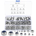 516 Pcs Nylock Nuts, Self Locking Nuts, Nylon Insert Lock Nuts, Stainless Steel Hex Nuts, Thread Hexagon Nuts with Nylon Inserts for Bolts, Screws, Components, M2 M2.5 M3 M4 M5 M6 M8 M10 M12 (银色)