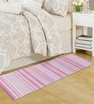 MDZ® Hand Woven 100% Cotton Designer Striped Rug, Bed Side Runner for Bedroom, Living Room, Passage, Style - Modern, Size - 45 x 130 cm | Eco Friendly (Pink White)