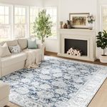 TOPICK Machine Washable Area Rug 240x305cm Distressed Navy Blue Floral Vintage Rug Chenille Print Floor Cover Indoor Thin Large Rug Non Slip Carpet Living Room Office Bedroom Dining Room Hall