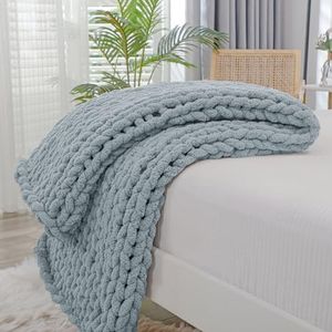 Bigacogo Chunky Knit Throw Blanket for Couch, 40x40 inches, Dusty Blue