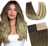 GOO GOO Tape in Hair Extensions Human Hair, 3/8/613 Balayage Walnut Brown to Ash Brown and Bleach Blonde, 22inch 40g 10pcs, Mini Tape Cut to Fit，Skin Weft Seamless Invisible, Remy Human Hair
