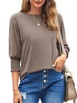 Bluetime Womens Crew Neck 3/4 Sleeve Tops Loose Fit Shirts Casual Solid Basic Tees Shirt Blouses, Brown, Large