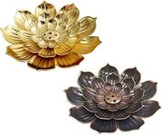 2 Pack Brass Incense Holder, Stick Incense Holder 5 Incese Holes with Detachable Ash Catcher, Holder Artistic Lotus Flower Censer Plate Incense Tray for Indoor Outdoor Use