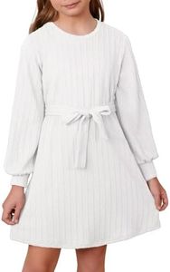 DOKOTOO KIDS Girls Fall Dress Lantern Long Sleeve Textured Belted Dresses Christmas Dresses for Girls White 10-11 Years