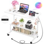 Cyclysio Adjustable Height Standing Desk with Charging Station, Rolling Mobile Desk with Wheels, Portable Computer Desk with Storage, Small Office Desk for Small Space, Laptop Standing Desk, White